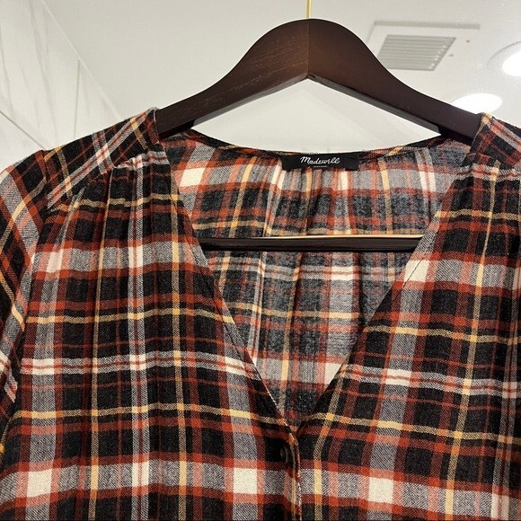 Madewell Gwen Plaid Ruffle Sleeve V-Neck Blouse Faded Rust M NWOT - Picture 9 of 13
